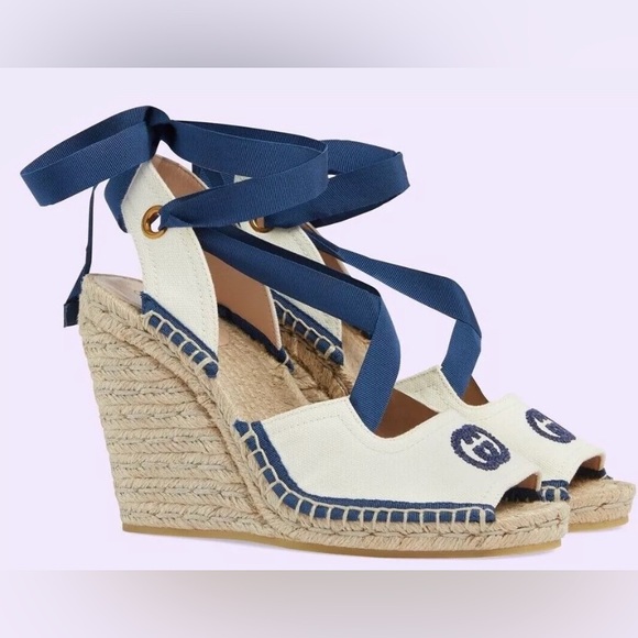 Gucci GG Interlocking Espadrille Ribbon Wedges Sandals - Picture 1 of 5